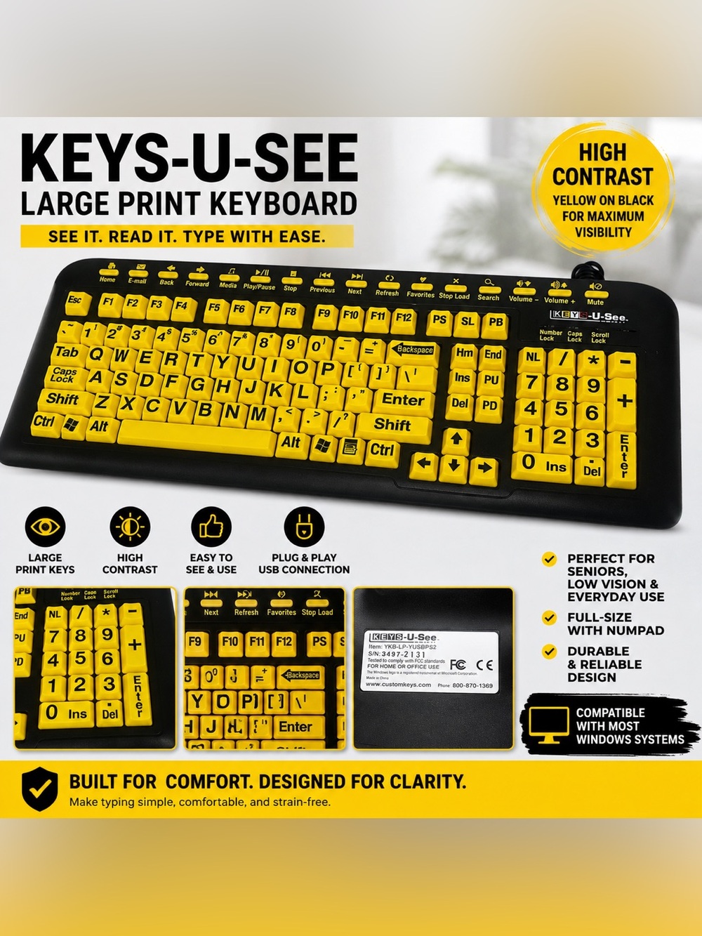 Keys you see High Contrast Yellow USB Keyboard – Large Print